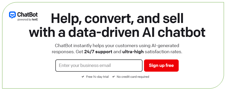 ChatBot free registration button for helping, converting and selling with data-driven AI ChatBot